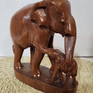 Vintage Hand-Carved Teak Wood Elephant w/Calf Figurine